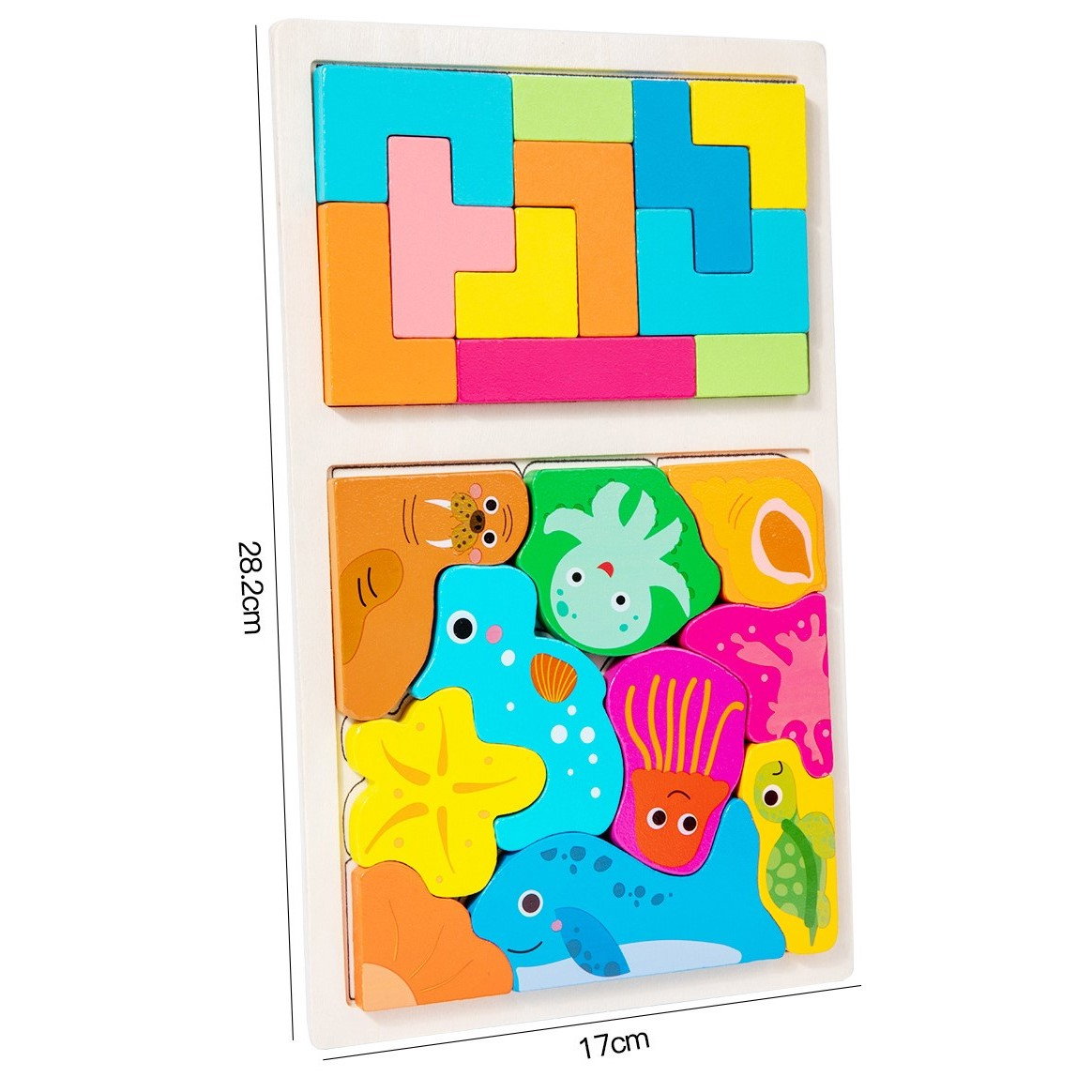 Puzzle Montessori din Lemn pentru Copii, Flippy, Tip Tetris 2in1 +3 Ani, cu Animale Marine Colorate 3D, Educativ, Intuitiv, Creativ, 21 de Piese, 28.5x17x1.2 cm, Multicolor [7]