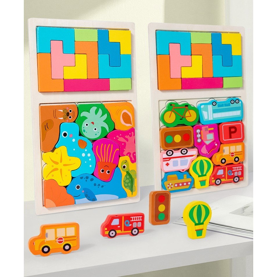 Puzzle Montessori din Lemn pentru Copii, Flippy, Tip Tetris 2in1 +3 Ani, cu Animale Marine Colorate 3D, Educativ, Intuitiv, Creativ, 21 de Piese, 28.5x17x1.2 cm, Multicolor [6]