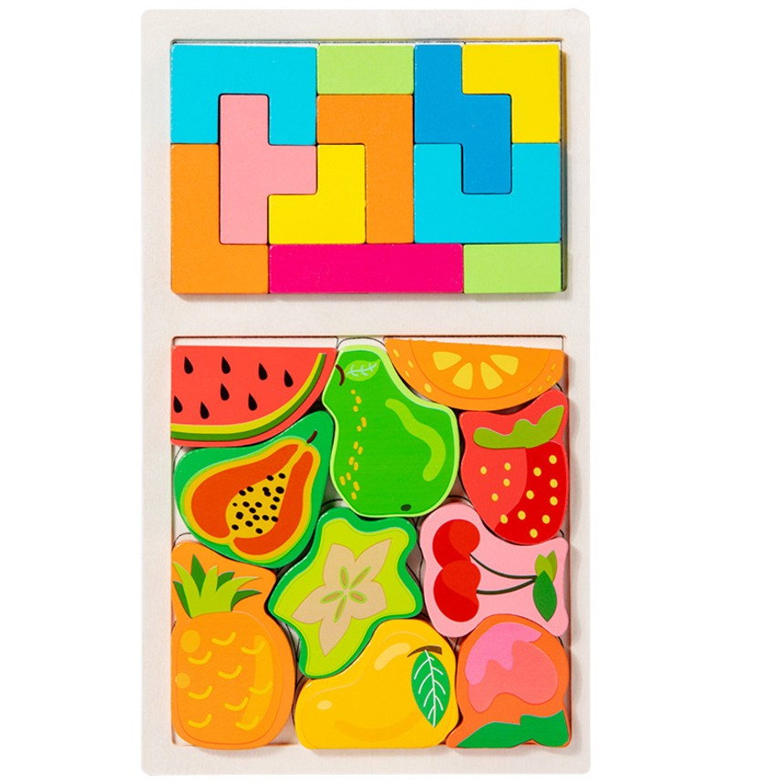 Puzzle Montessori din Lemn pentru Copii, Flippy, Tip Tetris 2in1 +3 Ani, cu Fructe Colorate 3D, Educativ, Intuitiv, Creativ, 21 de Piese, 28.5x17x1.2 cm, Multicolor [1]