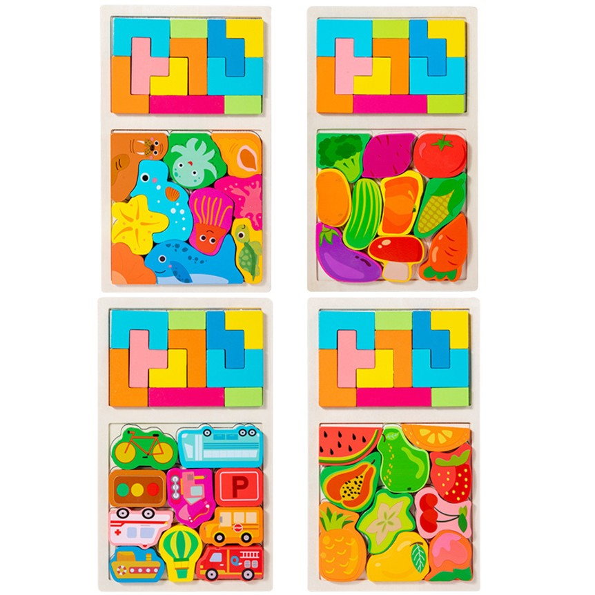 Puzzle Montessori din Lemn pentru Copii, Flippy, Tip Tetris 2in1 +3 Ani, cu Legume Colorate 3D, Educativ, Intuitiv, Creativ, 21 de Piese, 28.5x17x1.2 cm, Multicolor [4]