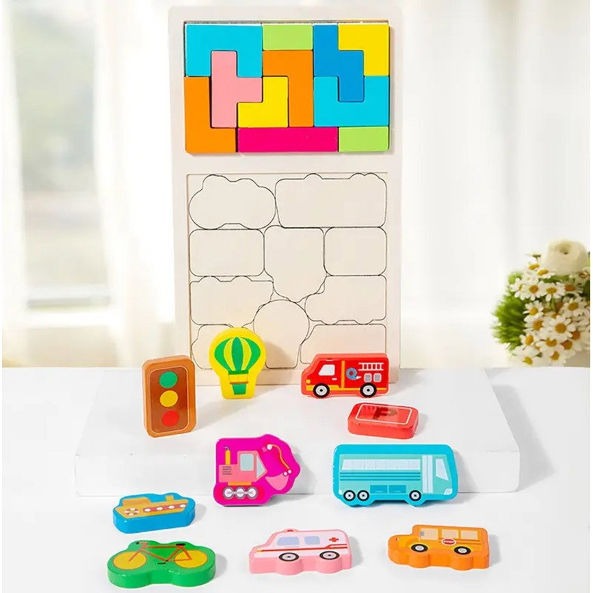Puzzle Montessori din Lemn pentru Copii, Flippy, Tip Tetris 2in1, +3 Ani, cu Masini Colorate 3D, Educativ, Intuitiv, Creativ, 21 de Piese, 28.5x17x1.2 cm, Multicolor [3]