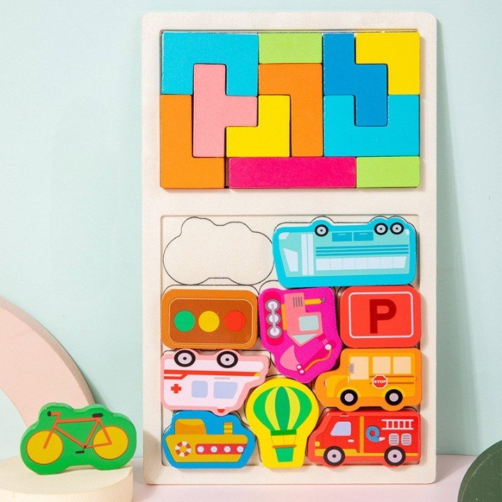 Puzzle Montessori din Lemn pentru Copii, Flippy, Tip Tetris 2in1, +3 Ani, cu Masini Colorate 3D, Educativ, Intuitiv, Creativ, 21 de Piese, 28.5x17x1.2 cm, Multicolor [8]