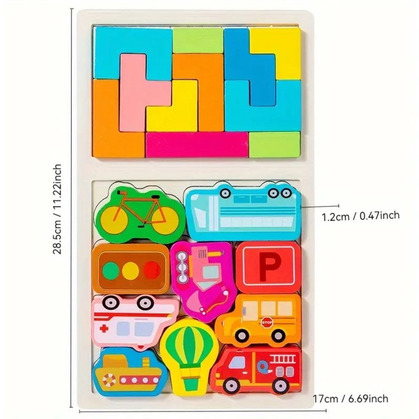 Puzzle Montessori din Lemn pentru Copii, Flippy, Tip Tetris 2in1, +3 Ani, cu Masini Colorate 3D, Educativ, Intuitiv, Creativ, 21 de Piese, 28.5x17x1.2 cm, Multicolor [4]