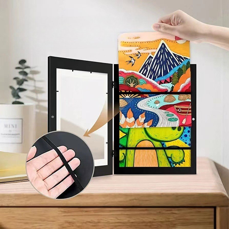 Rama Foto Flippy, din Lemn, cu Spatiu Pentru Depozitare, Pentru Desene si Picturi A4, Sticla Securizata, Rama MDF, Negru [5]