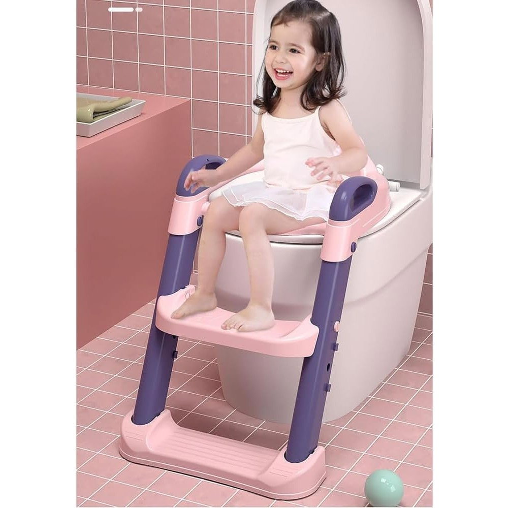 Reductor si Scaunel Inaltator WC, Flippy, pentru Copii 1 - 7 Ani, 2 Trepte Reglabile, Pliabil, Colac Moale, cu Spatar si Manere, Inaltime 54/58 cm x 39.5 x 35 cm, din Plastic+PVC, Roz/Mov [6]