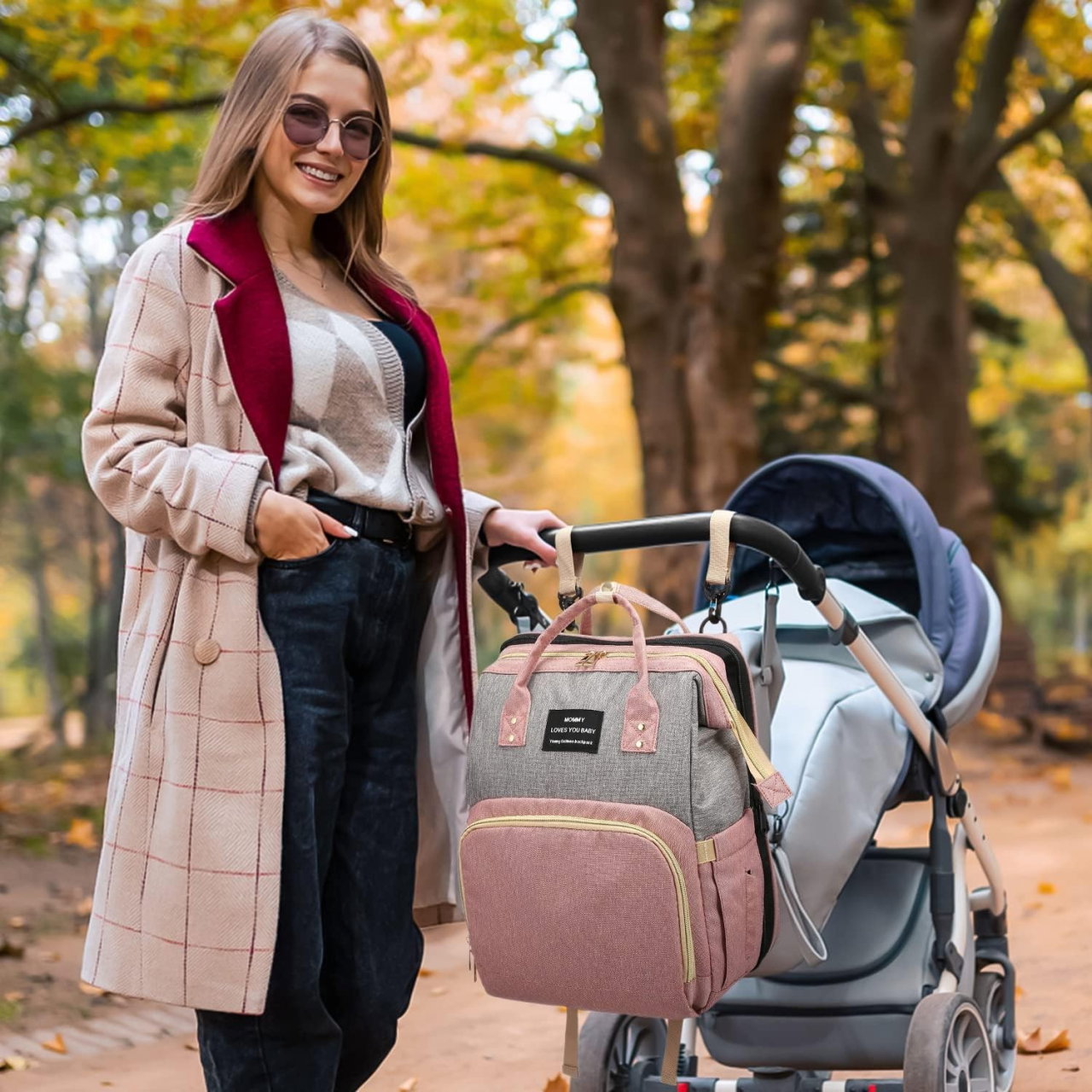 Rucsac Multifunctional pentru Mamici, Flippy, din Panza Oxford, Compartimentare Multipla, Impermeabil, 43 x 18 x 26 cm, Roz/Gri [5]