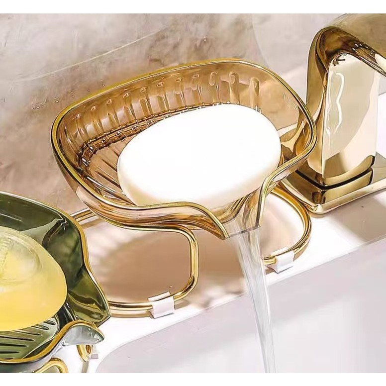 Savoniera cu Suport, Flippy, Sistem de Scurgere a Apei, Margine Aurie, 14 x 8.5 x 9 cm, din TPE, Auriu [3]