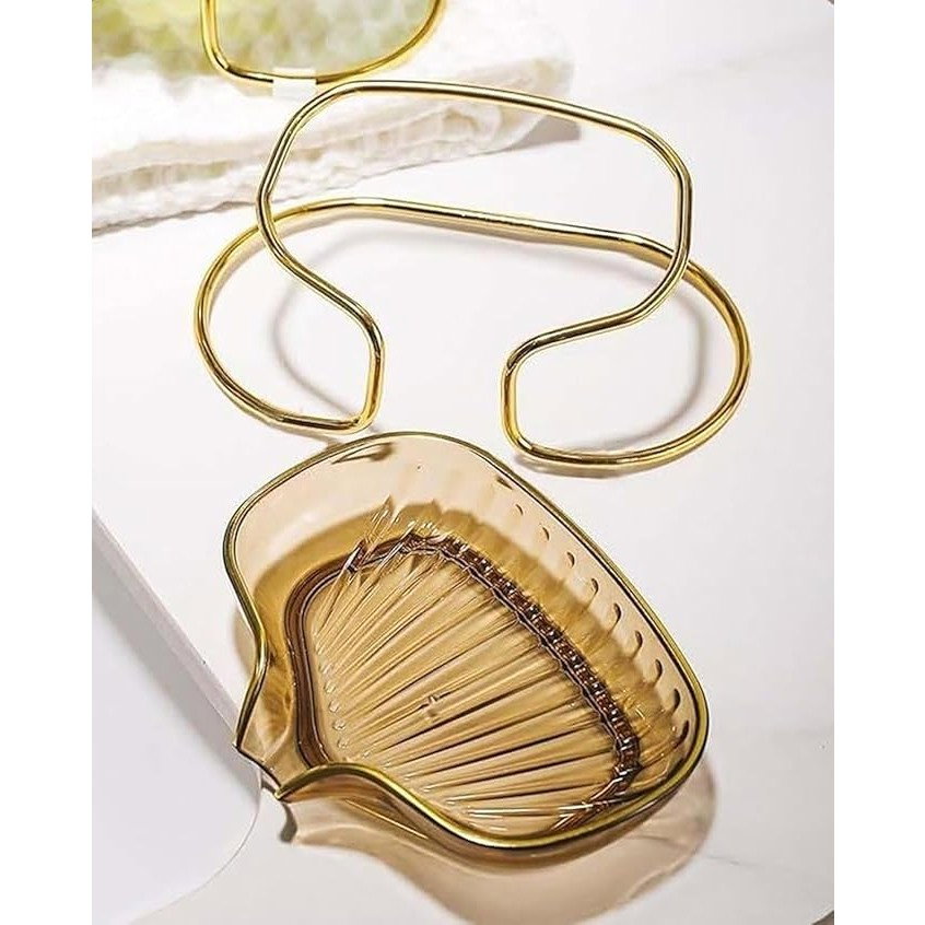 Savoniera cu Suport, Flippy, Sistem de Scurgere a Apei, Margine Aurie, 14 x 8.5 x 9 cm, din TPE, Auriu [2]