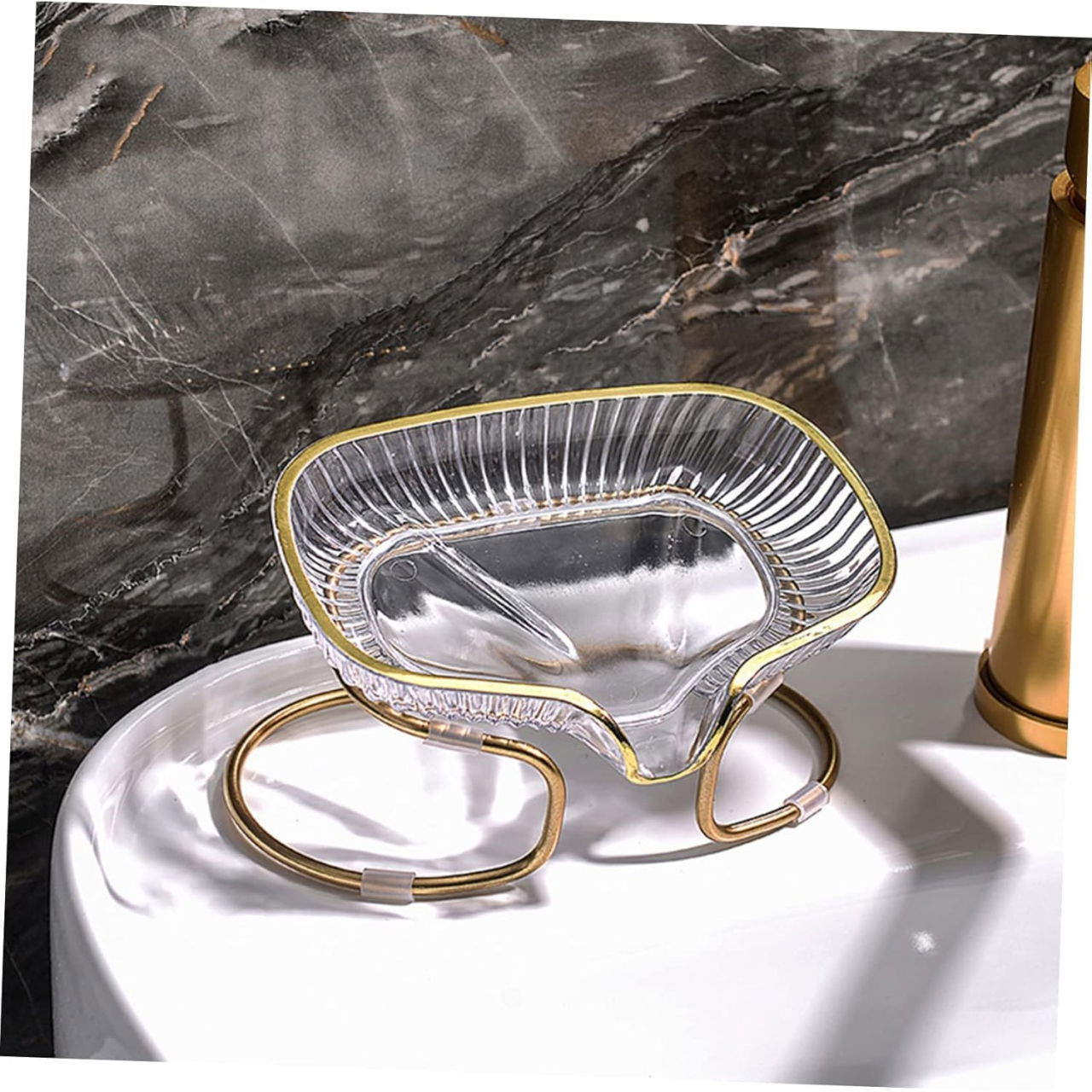 Savoniera cu Suport, Flippy, Sistem de Scurgere a Apei, Margine Aurie, 14 x 8.5 x 9 cm, din TPE, Transparent [2]