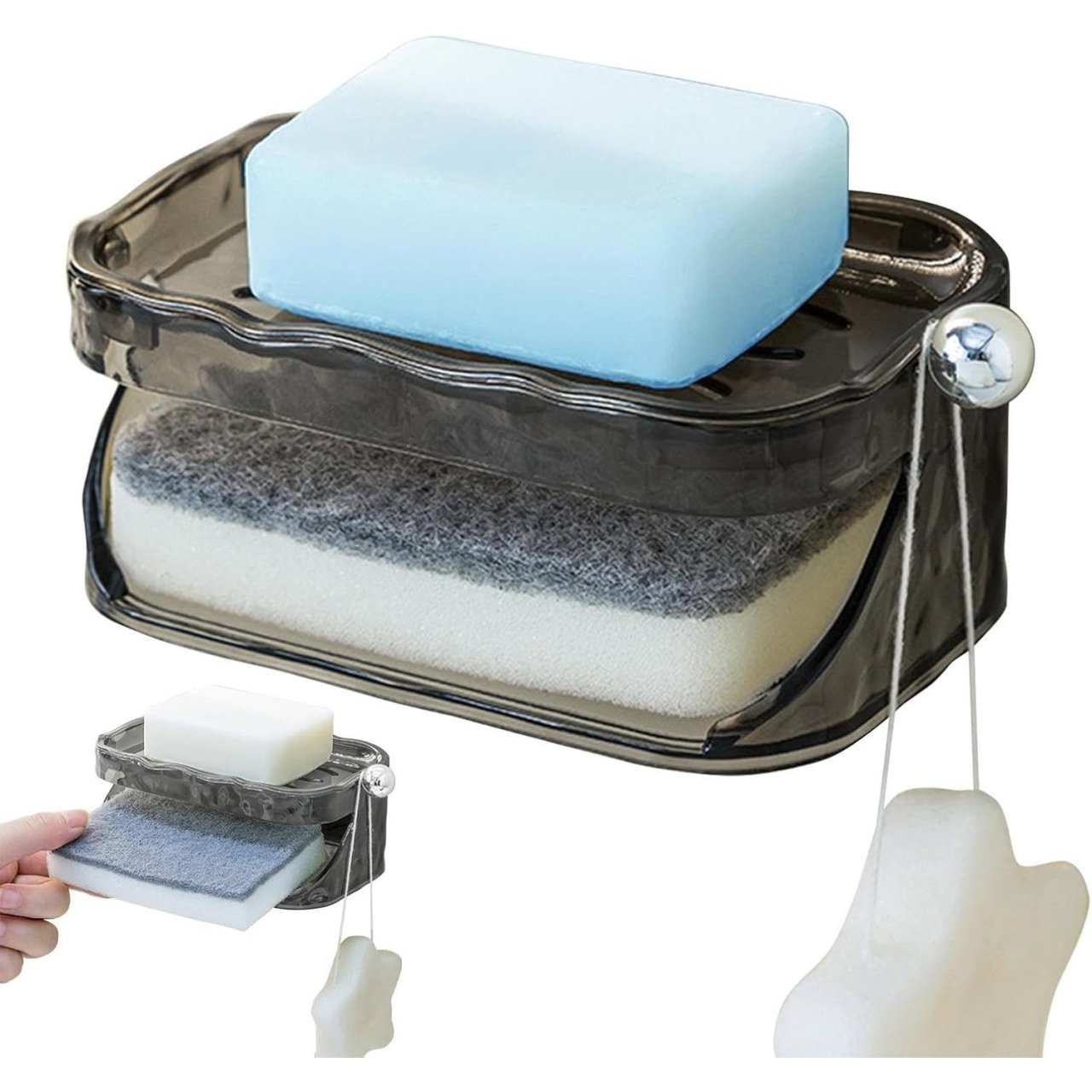 Savoniera Dubla, Flippy, 2 Straturi, Instalare fara Perforare, Agatatoare Burete, 13.5 x 8.5 x 6 cm, Gri [5]