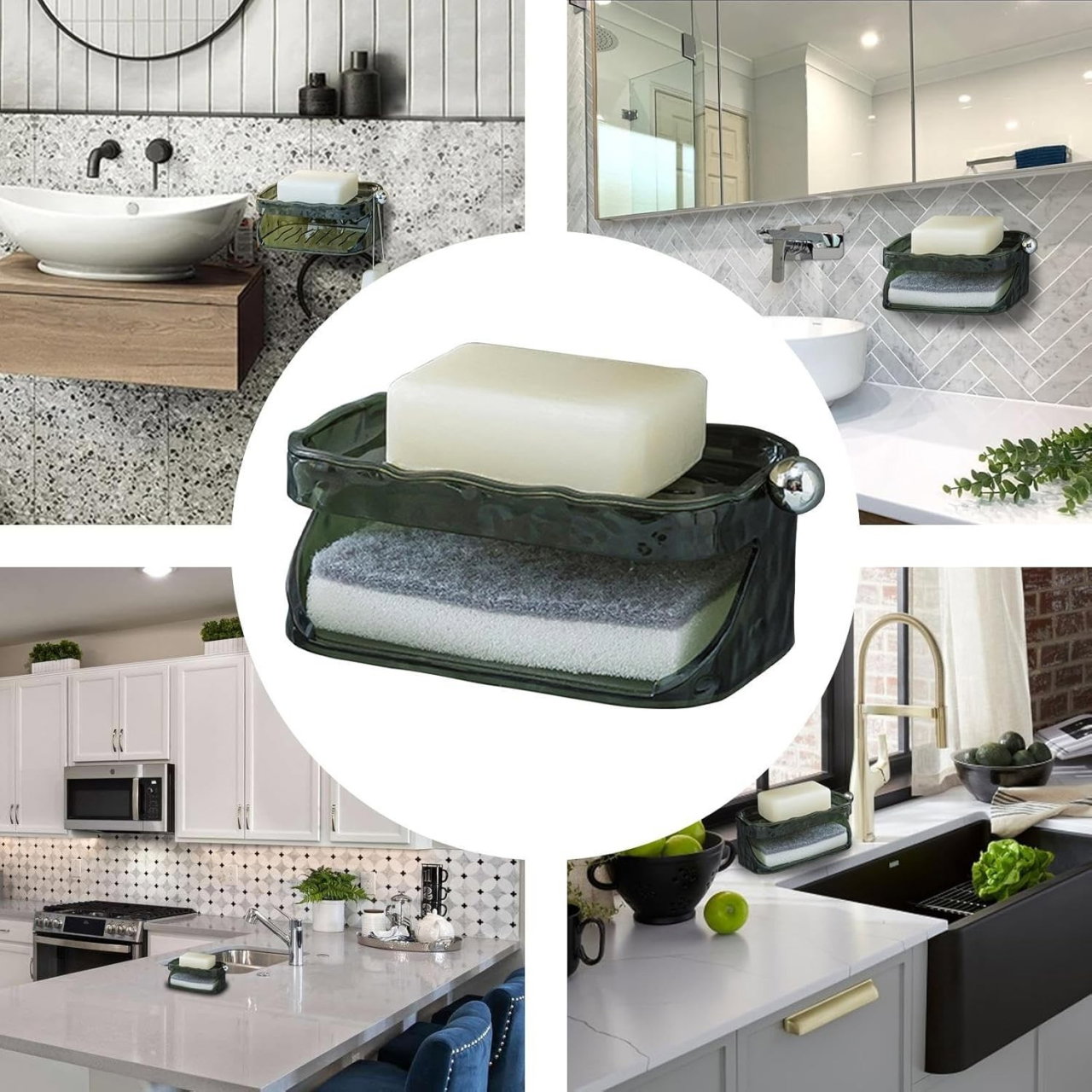 Savoniera Dubla, Flippy, 2 Straturi, Instalare fara Perforare, Agatatoare Burete, 13.5 x 8.5 x 6 cm, Verde Inchis [5]