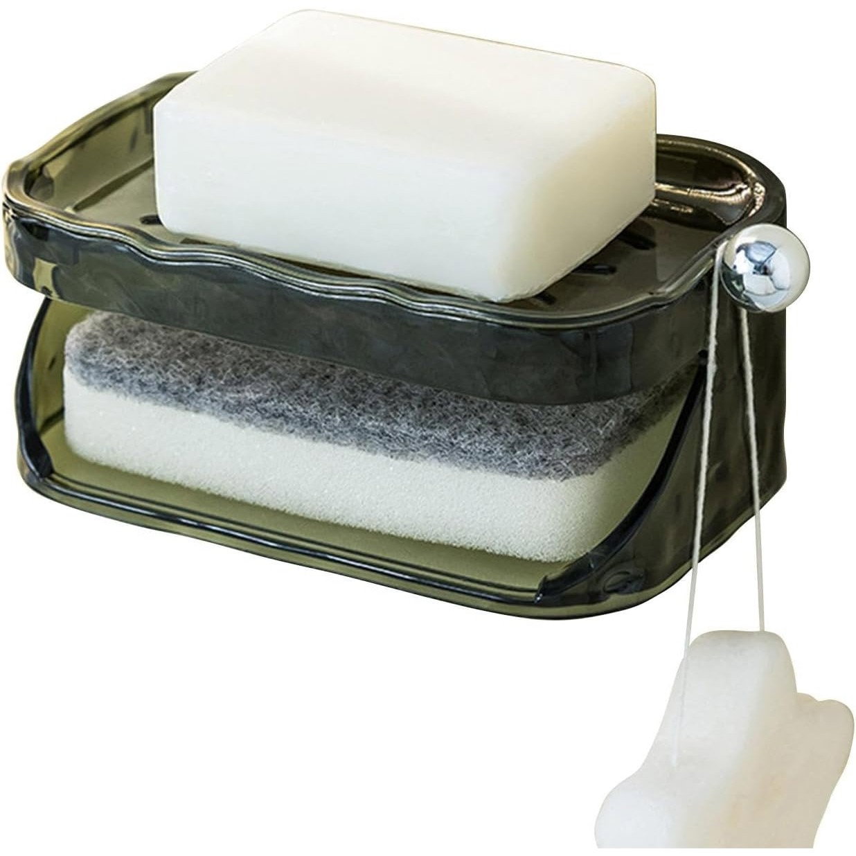 Savoniera Dubla, Flippy, 2 Straturi, Instalare fara Perforare, Agatatoare Burete, 13.5 x 8.5 x 6 cm, Verde Inchis [4]