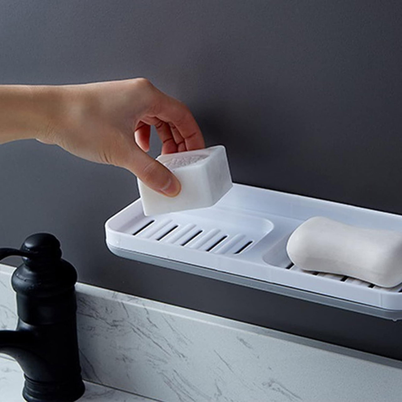 Savoniera Dubla, Flippy, de Perete, cu Compartiment de Scurgere, Montare prin Lipire, 26 x 8 x 4 cm, Alb/Gri [5]