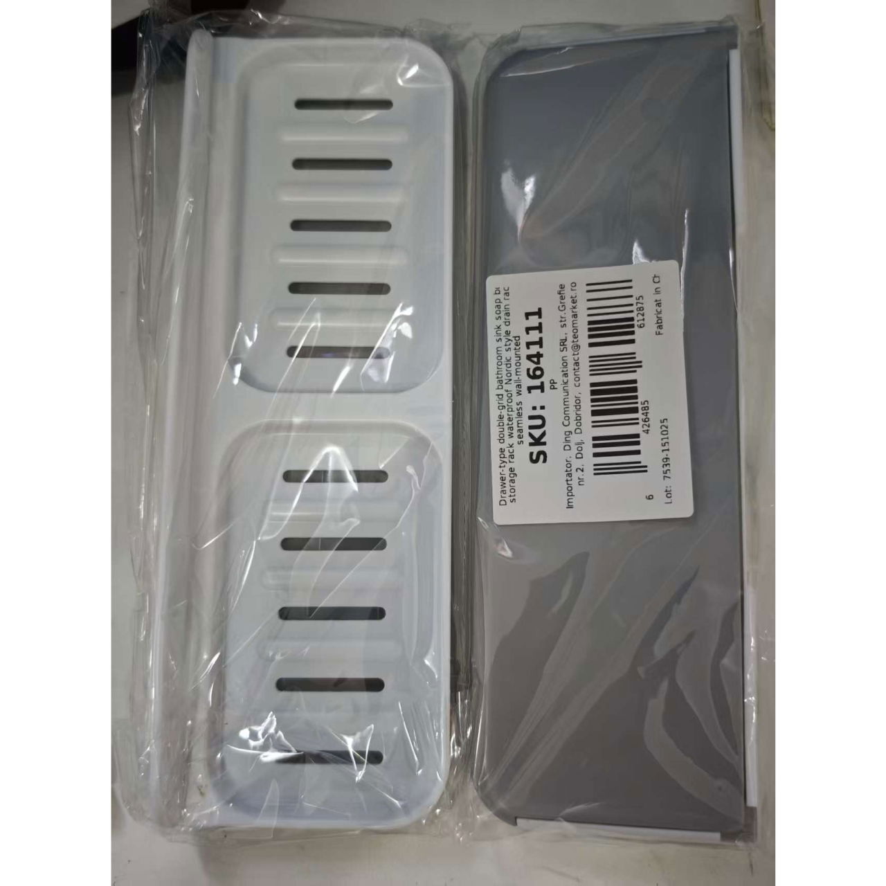 Savoniera Dubla, Flippy, de Perete, cu Compartiment de Scurgere, Montare prin Lipire, 26 x 8 x 4 cm, Alb/Gri [2]