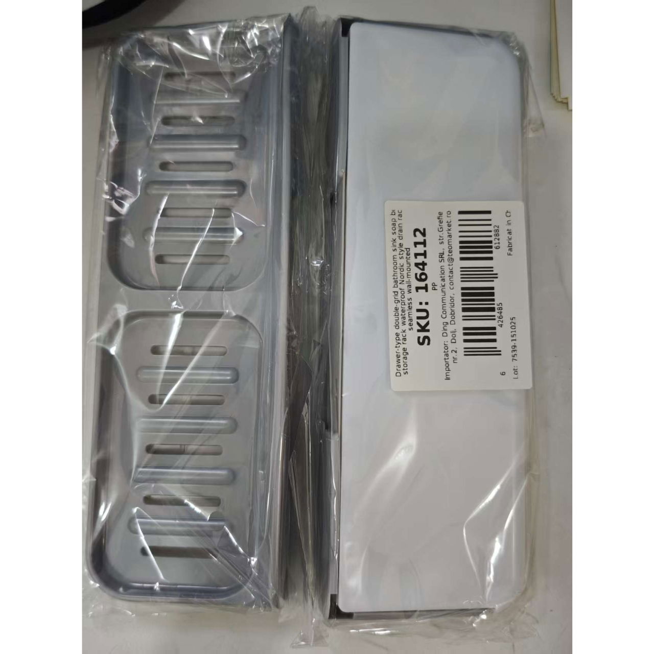 Savoniera Dubla, Flippy, de Perete, cu Compartiment de Scurgere, Montare prin Lipire, 26 x 8 x 4 cm, Gri/Alb [2]