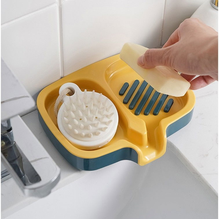 Savoniera Dubla, Flippy, Sistem de Scurgere a Apei, din ABS, 14.5 x 18 x 3 cm, Albastru/Galben [5]