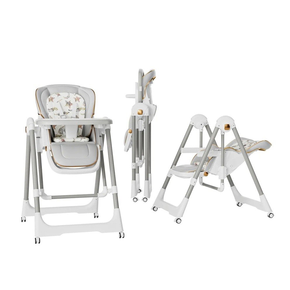 Scaun de Masa 2in1, Flippy, pentru Copii 6 luni - 4 Ani, Pliabil, cu Roti, Balansoar, Leagan, Reglabil, Tava de Masa Dubla, Centura in 5 Puncte, 96 x 56 x 76 cm, Gri [1]