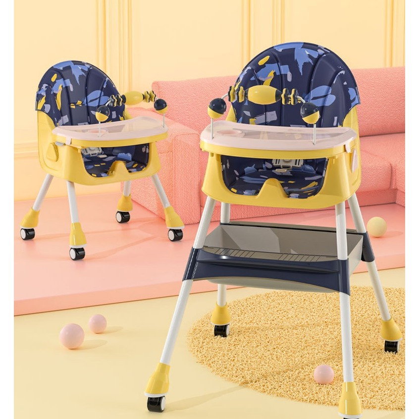 Scaun de Masa 2in1, Flippy, pentru Copii de la 6 luni - 5 Ani, Inaltime Reglabila, Centura in 5 Puncte, Tava de Masa, Roti cu Frana, Cos Depozitare, Jucarie Inclusa, 94 x 78 x 60 cm, Albastru/Galben [3]