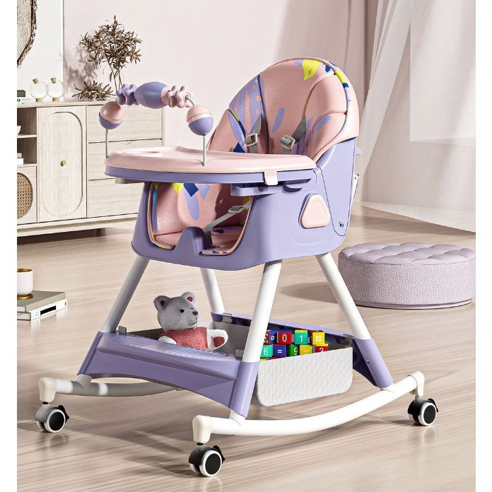 Scaun de Masa pe Roti pentru Copii, Flippy, 2 Tavite si Husa Detasabile, Multifuncțional, Stabil, Centura de Siguranta, Spatar Reglabil Moale, Balansoar, Cos de Depozitare, de la 6 Luni, Mov [2]