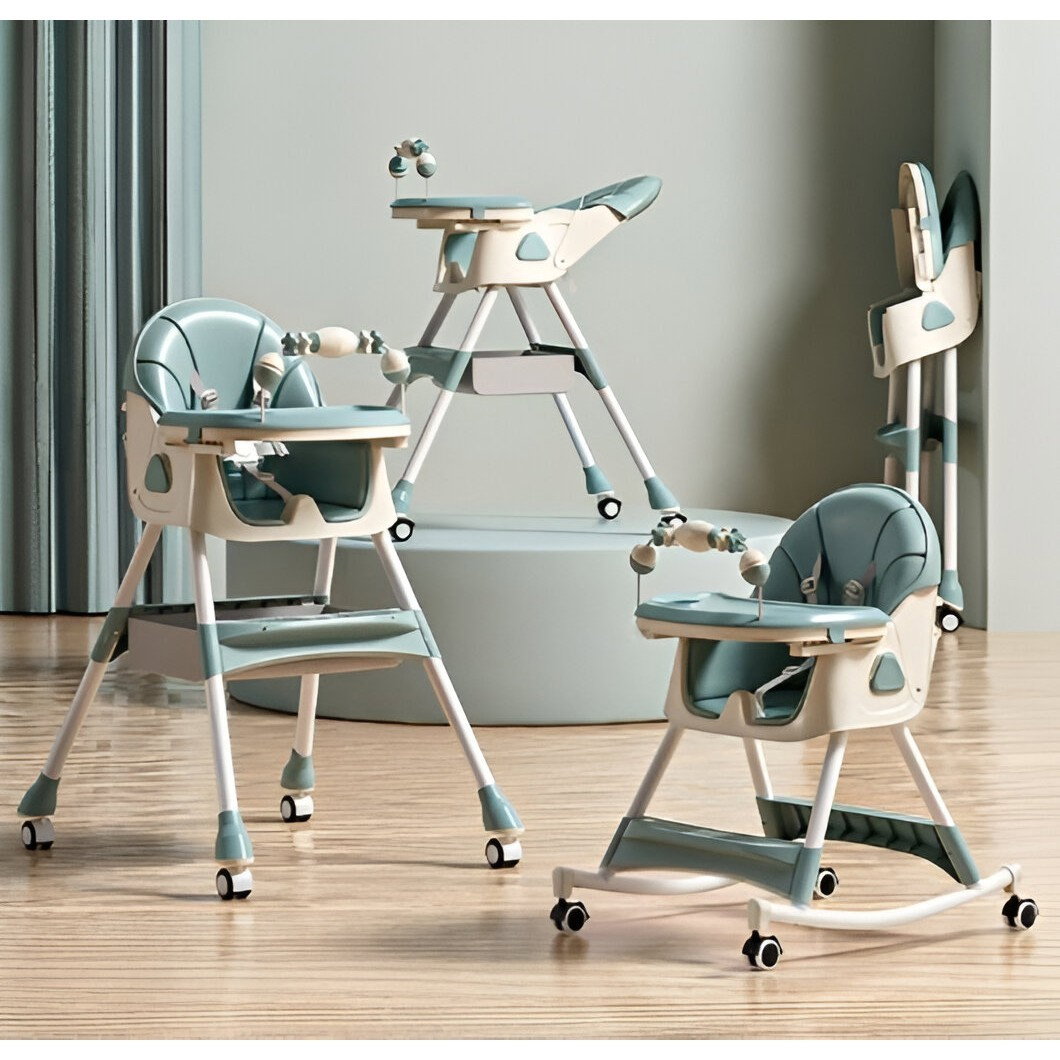 Scaun de Masa pe Roti pentru Copii, Flippy, 2 Tavite si Husa Detasabile, Multifuncțional, Stabil, Centura de Siguranta, Spatar Reglabil Moale, Balansoar, Cos de Depozitare, de la 6 Luni, Verde [2]