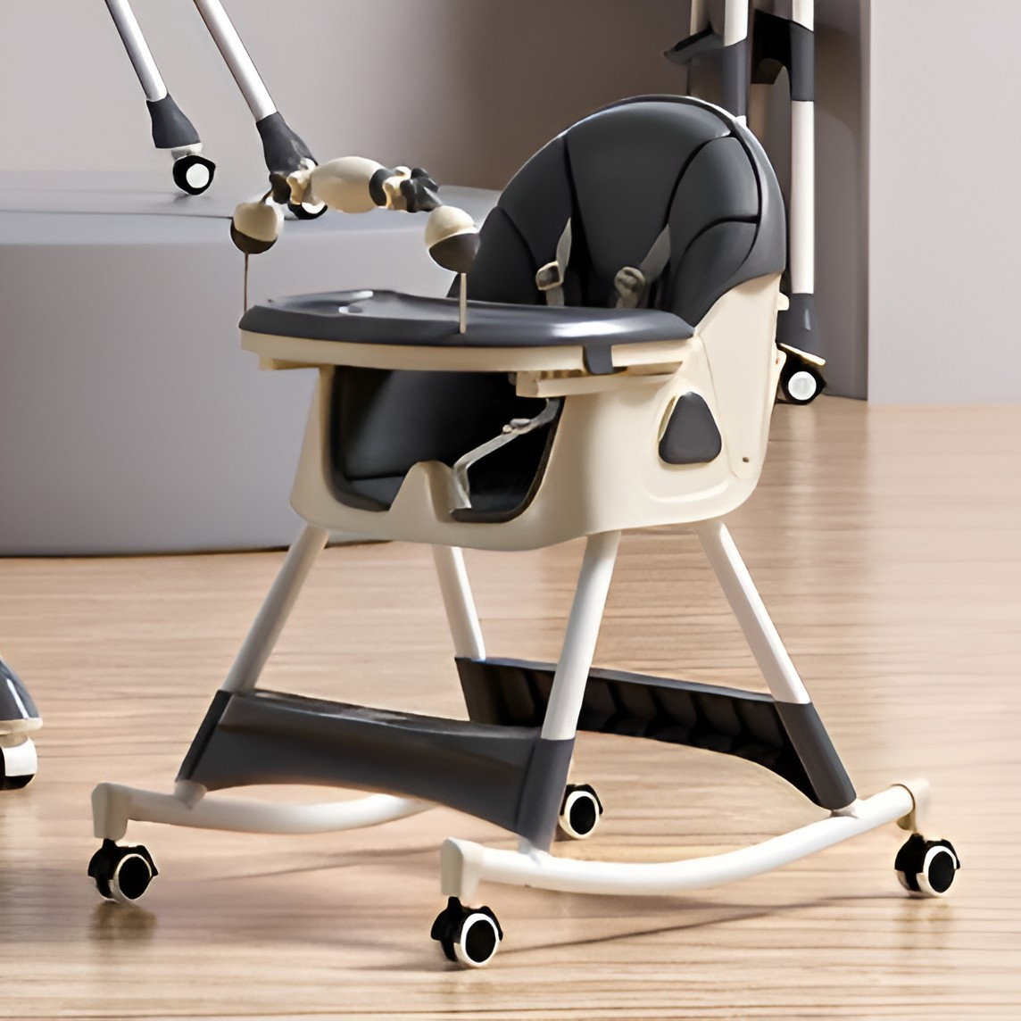 Scaun de Masa pe Roti pentru Copii, Flippy, 2 Tavite si Husa Detasabile, Multifuncțional, Stabil, Centura de Siguranta, Spatar Reglabil Moale, Balansoar, Cos de Depozitare, de la 6 Luni, Gri [3]