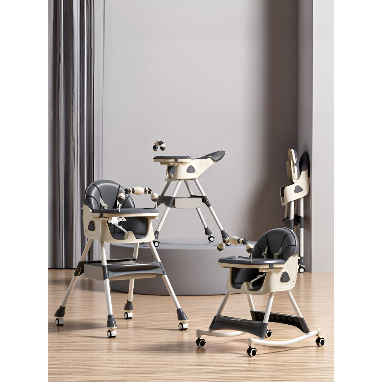 Scaun de Masa pe Roti pentru Copii, Flippy, 2 Tavite si Husa Detasabile, Multifuncțional, Stabil, Centura de Siguranta, Spatar Reglabil Moale, Balansoar, Cos de Depozitare, de la 6 Luni, Gri [4]