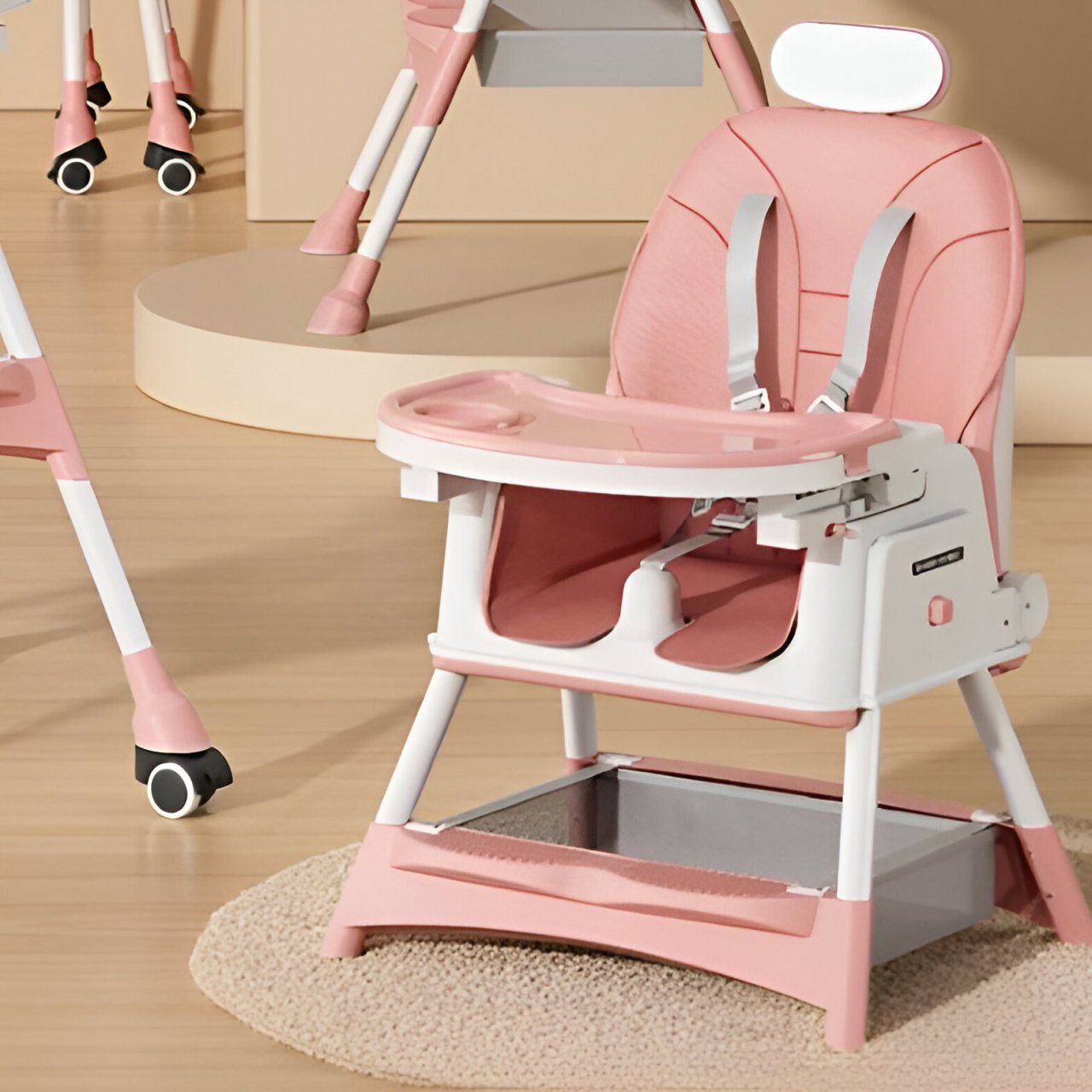 Scaun de Masa pentru Bebelusi si Copii Flippy, cu Roti, cu Tetiera, Telescopic, Pliabil, Masuta Reglabila, Suport Picioare, Scaun cu Invelis Piele Artificiala, Centura Siguranta, Spatiu Depozitare, 97 [4]