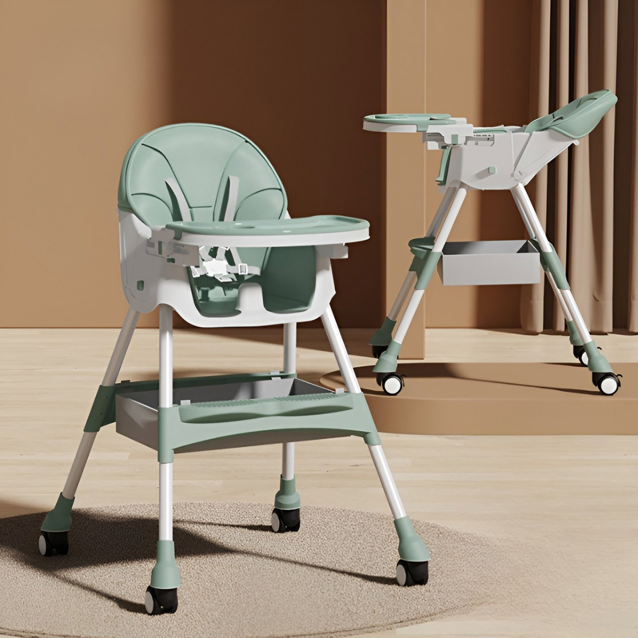 Scaun de Masa pentru Bebelusi si Copii, Flippy, cu Roti, Telescopic, Pliabil, Masuta Reglabila, Suport Picioare, Scaun cu Invelis Piele Artificiala, Centura Siguranta, Spatiu Depozitare, 97x73x65 cm,  [3]