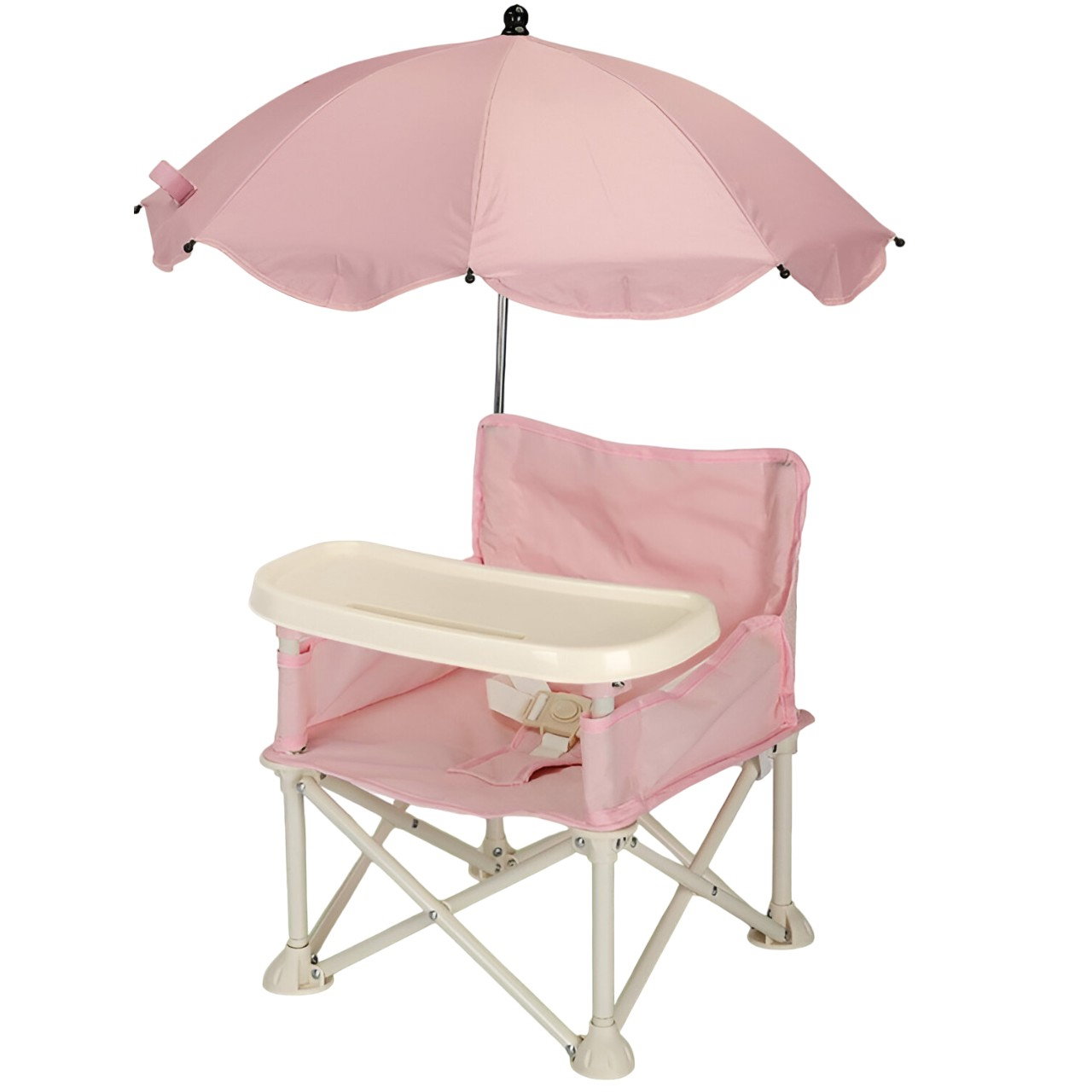 Scaun de Masa pentru Bebelusi si Copii, Flippy, Tavita si Husa Detasabile, Multifuncțional, Stabil, Centura de Siguranta, Cos de Depozitare, Roz, cu Umbrela Roz, de la 6 Luni [1]