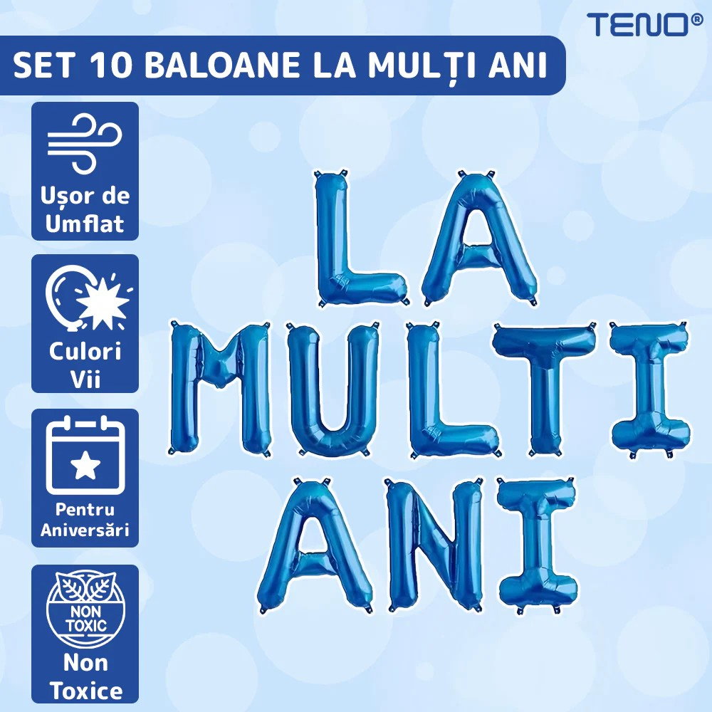 Set 10 Baloane din Folie Metalizata, Flippy, Figurine Litere, Model La multi ani, Tema Aniversare, 40 cm, Ambalaj Individual, Pai Inclus, Umflare cu Aer sau Heliu, Albastru [3]