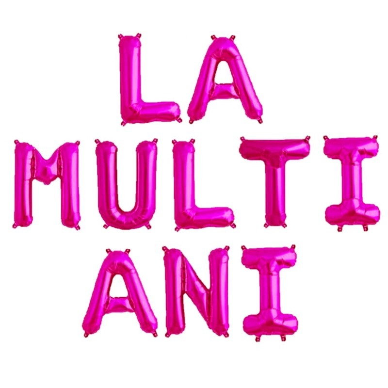 Set 10 Baloane din Folie Metalizata, Flippy, Figurine Litere, Model La multi ani, Tema Aniversare, 40 cm, Ambalaj Individual, Pai Inclus, Umflare cu Aer sau Heliu, Roz [1]