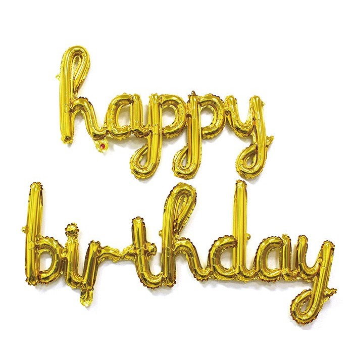 Set 10 Baloane din Folie Metalizata, Flippy, Figurine Litere, Model Scris de Mana Happy Birthday, Tema Aniversare, 40 cm, Ambalaj Individual, Pai Inclus, Umflare cu Aer sau Heliu, Auriu [1]