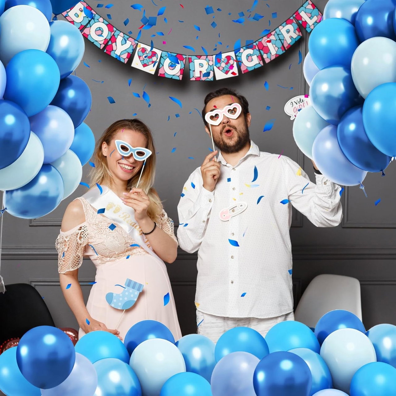 Set 10 Baloane din Latex Chrome, Flippy, Model Party, 23 cm, Diferite Nuante Albastru, 2.2 g [8]