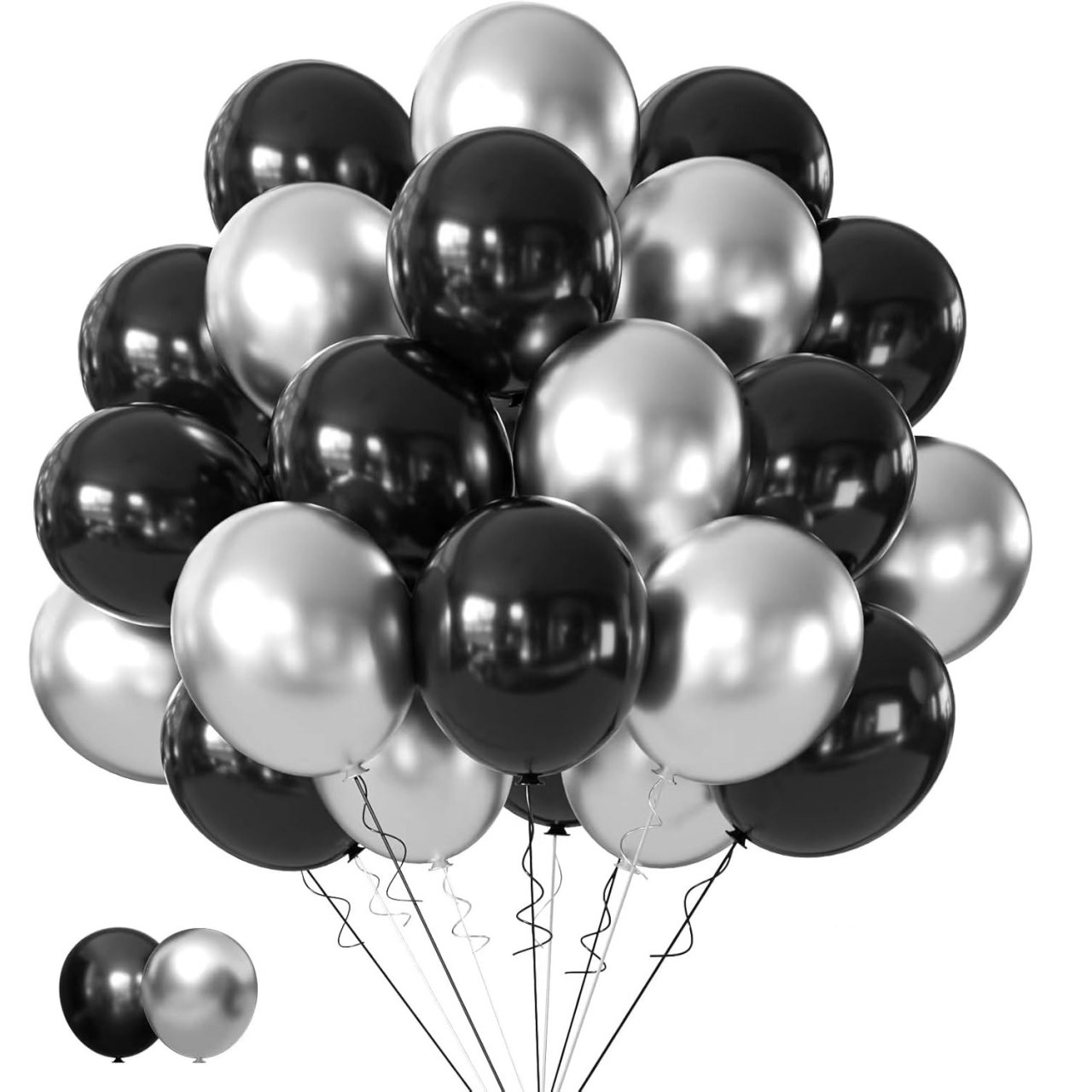 Set 10 Baloane din Latex Chrome, Flippy, Model Party, 23 cm, Negru Argintiu, 2.2 g [9]