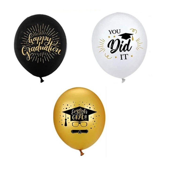 Set 10 Baloane din Latex Metalizate, Flippy, Model Absolvire, Negru Auriu Alb, 23 cm, 1.4 g [1]