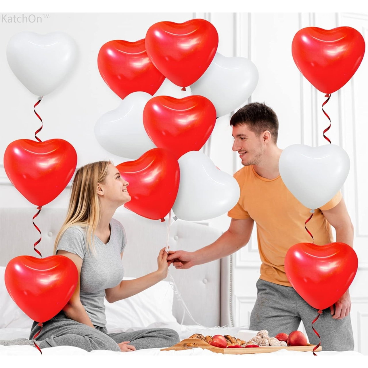 Set 10 Baloane, Flippy, Model Inima, din Latex, 25 cm, Alb/Rosu [2]