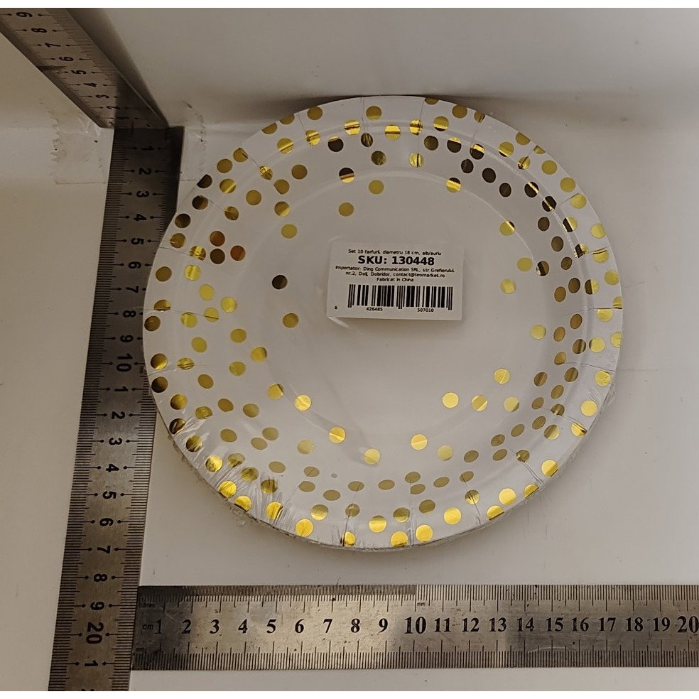Set 10 Farfurii Unica Folosinta, Flippy, Imprimeu cu Buline, din Carton, Diametru 18 cm, Alb/Auriu [5]