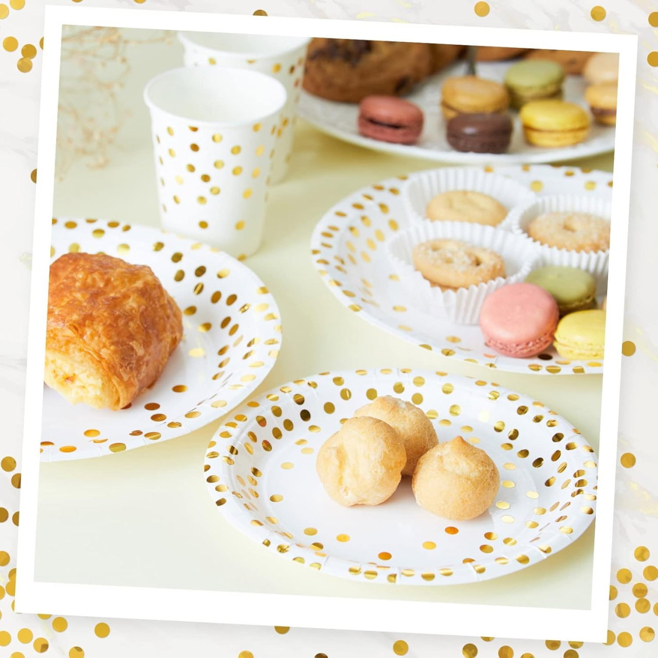 Set 10 Farfurii Unica Folosinta, Flippy, Imprimeu cu Buline, din Carton, Diametru 23 cm, Alb/Auriu [5]