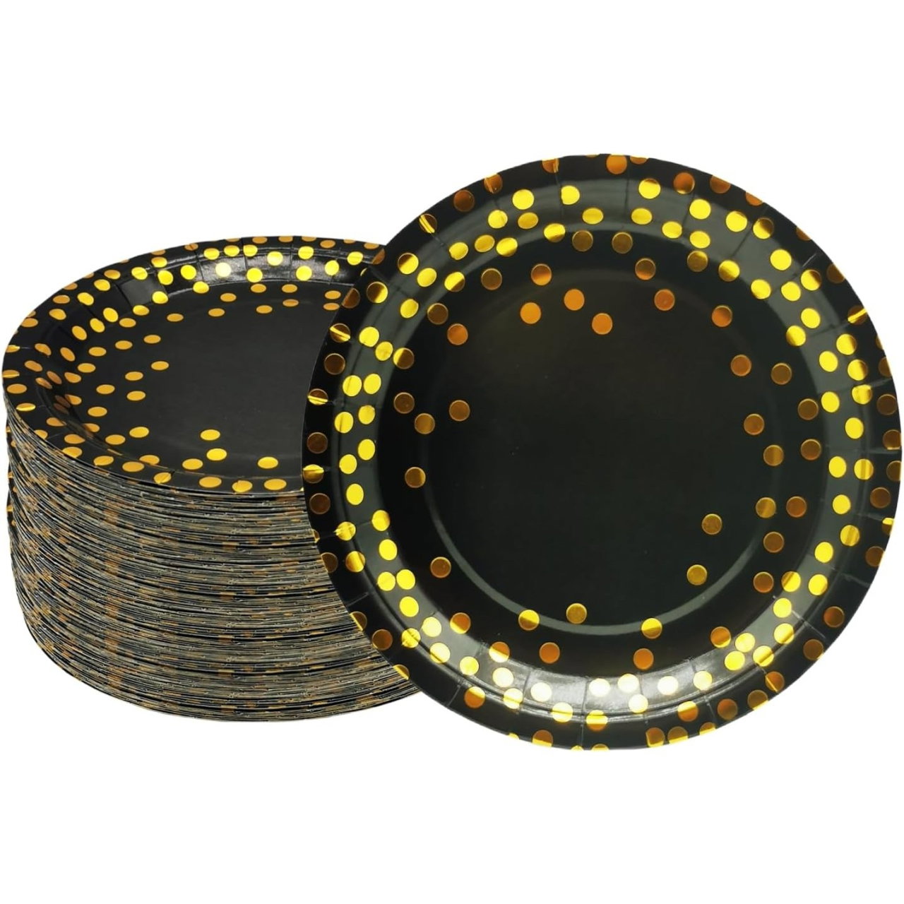 Set 10 Farfurii Unica Folosinta, Flippy, Imprimeu cu Buline, din Carton, Diametru 23 cm, Negru/Auriu [4]