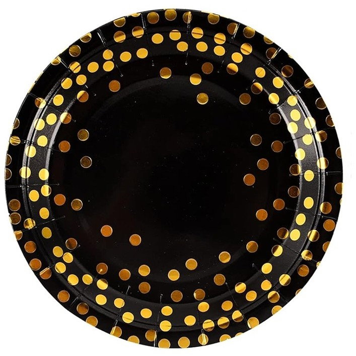 Set 10 Farfurii Unica Folosinta, Flippy, Imprimeu cu Buline, din Carton, Diametru 23 cm, Negru/Auriu [1]