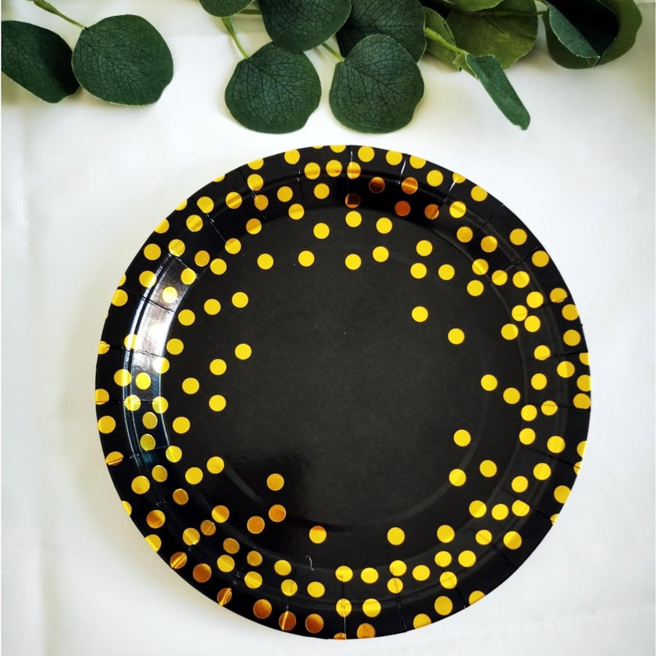 Set 10 Farfurii Unica Folosinta, Flippy, Imprimeu cu Buline, din Carton, Diametru 23 cm, Negru/Auriu [3]