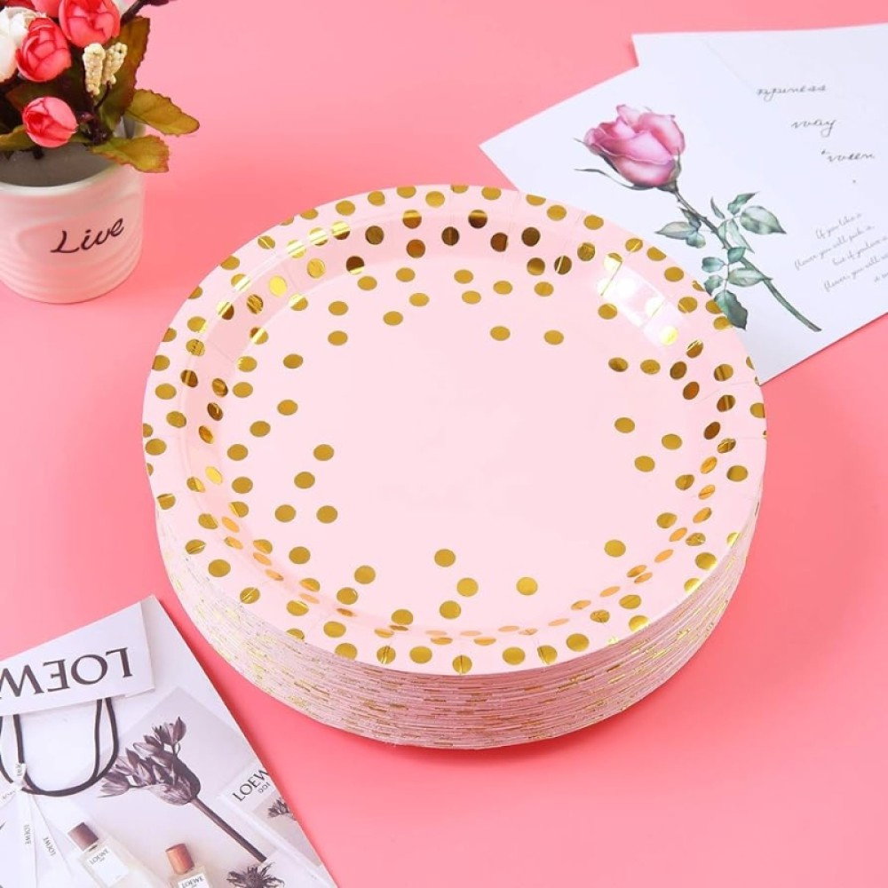 Set 10 Farfurii Unica Folosinta, Flippy, Imprimeu cu Buline, din Carton, Diametru 23 cm, Roz/Auriu [4]