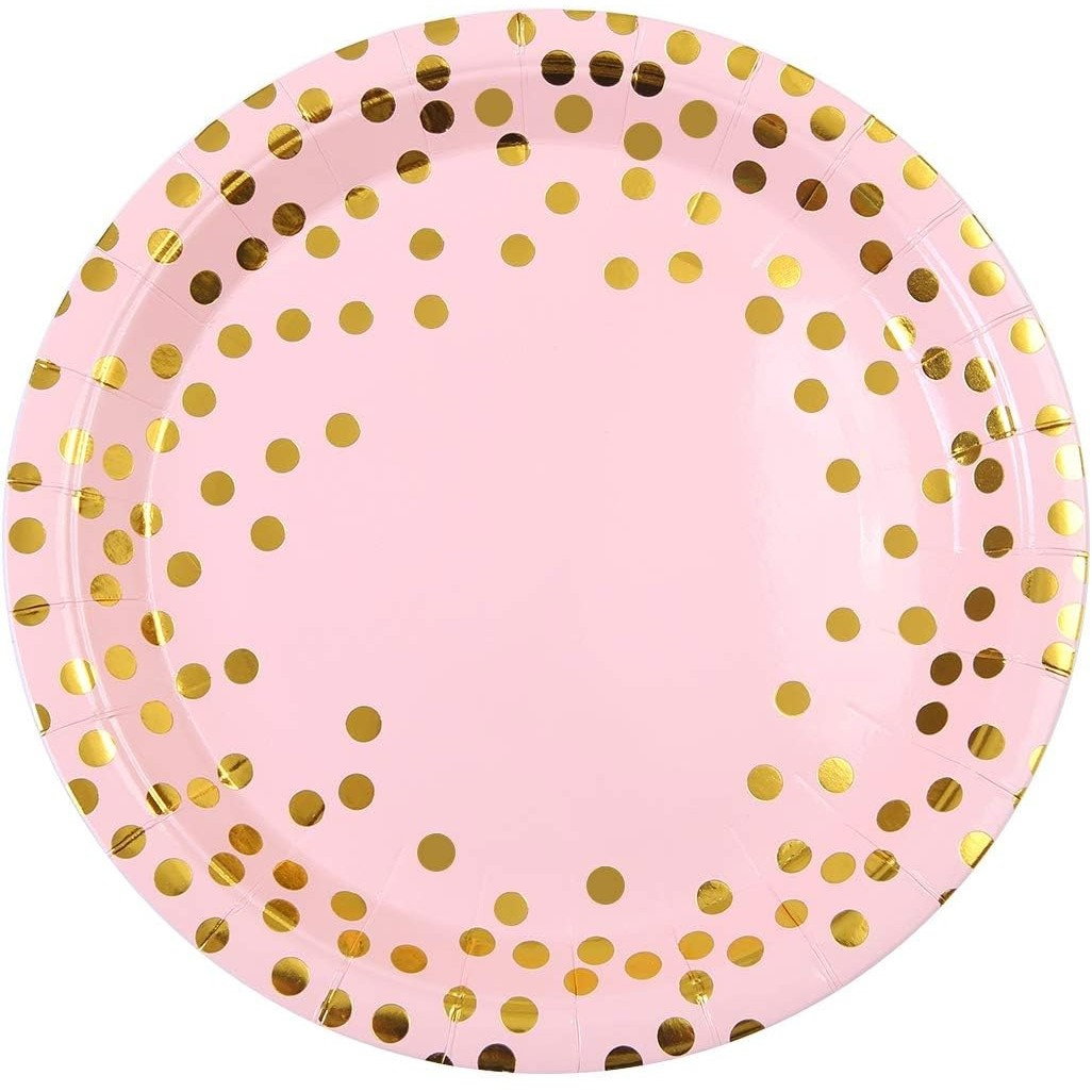 Set 10 Farfurii Unica Folosinta, Flippy, Imprimeu cu Buline, din Carton, Diametru 23 cm, Roz/Auriu [1]