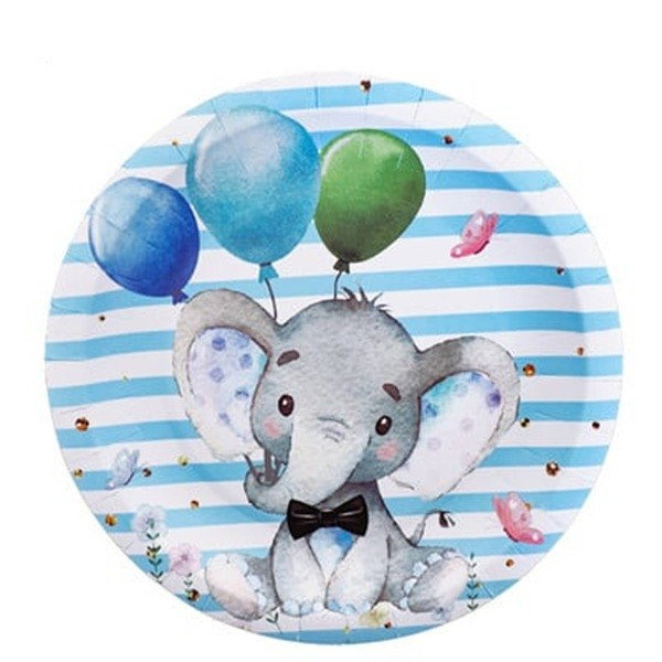 Set 10 Farfurii Unica Folosinta, Flippy, Imprimeu Elefant, din Carton, 17 cm, Albastru [1]