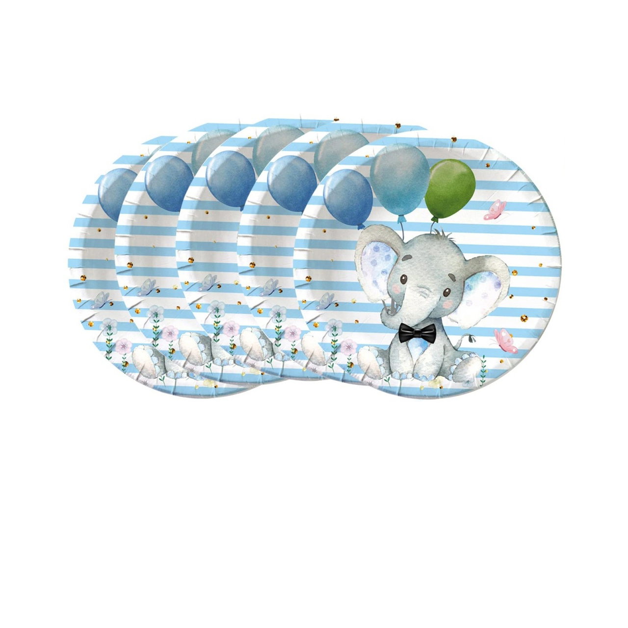 Set 10 Farfurii Unica Folosinta, Flippy, Imprimeu Elefant, din Carton, 17 cm, Albastru [4]