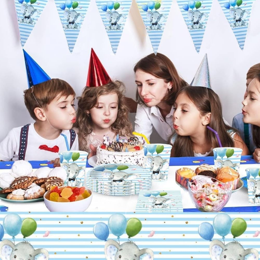 Set 10 Farfurii Unica Folosinta, Flippy, Imprimeu Elefant, din Carton, 22 cm, Albastru [2]