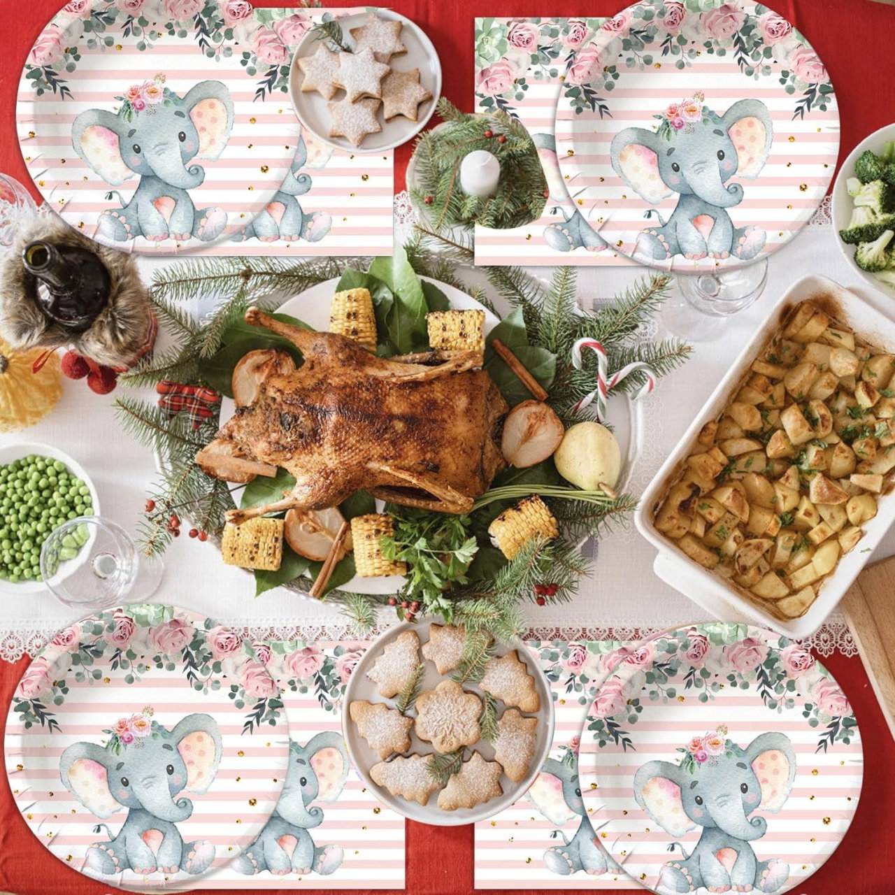 Set 10 Farfurii Unica Folosinta, Flippy, Imprimeu Elefant, din Carton, 22 cm, Roz [4]