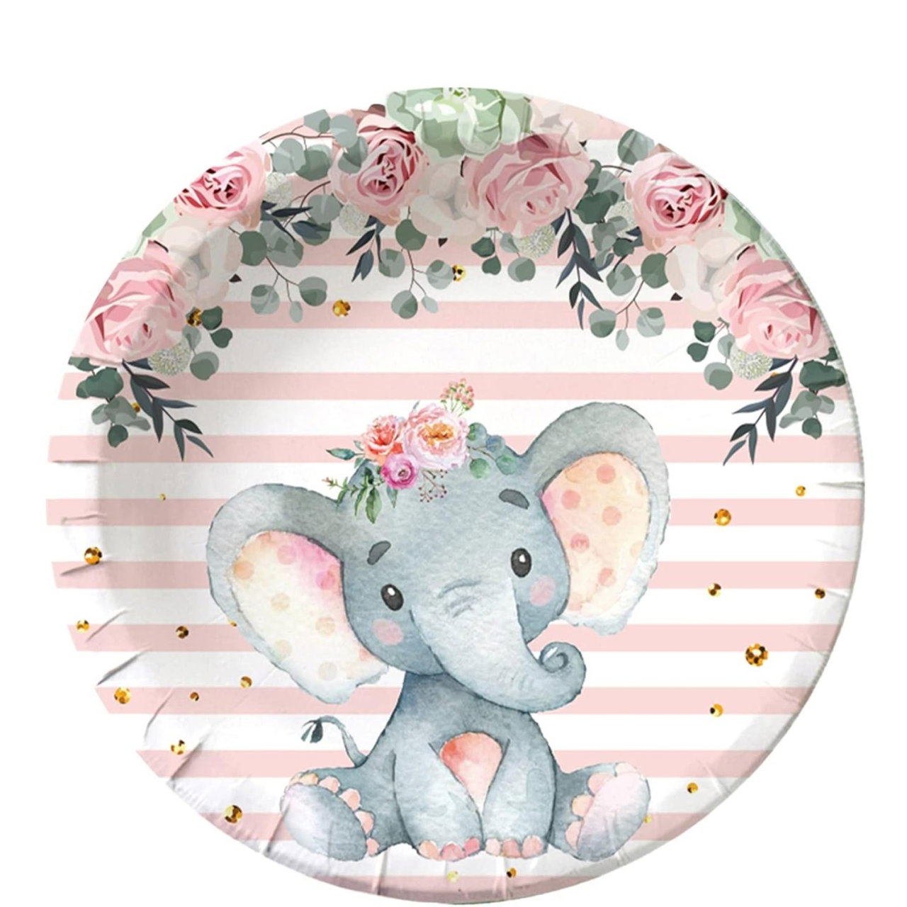 Set 10 Farfurii Unica Folosinta, Flippy, Imprimeu Elefant, din Carton, 22 cm, Roz [3]