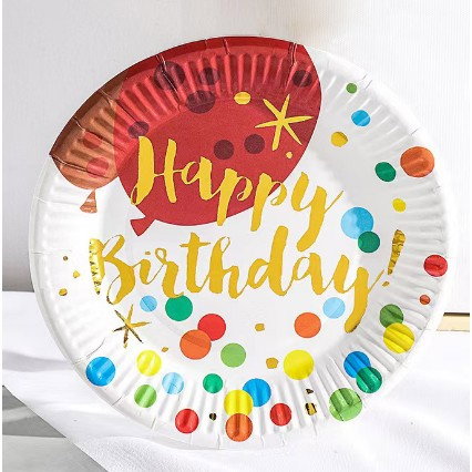 Set 10 Farfurii Unica Folosinta, Flippy, Imprimeu Happy Birthday Buline, din Carton, Diametru 18 cm, Multicolor [4]