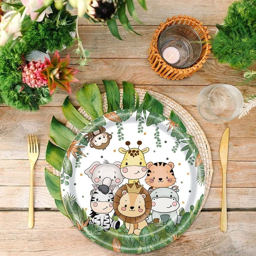 Set 10 Farfurii Unica Folosinta, Flippy, Imprimeu Jungle, din Carton, 17 cm, Verde [2]